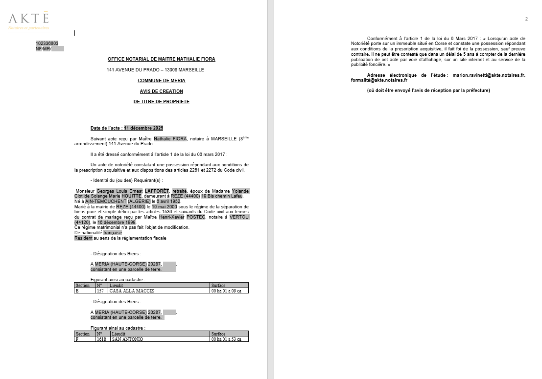 Avis de création de titre de propriété - Commune de Meria (Cismonte)