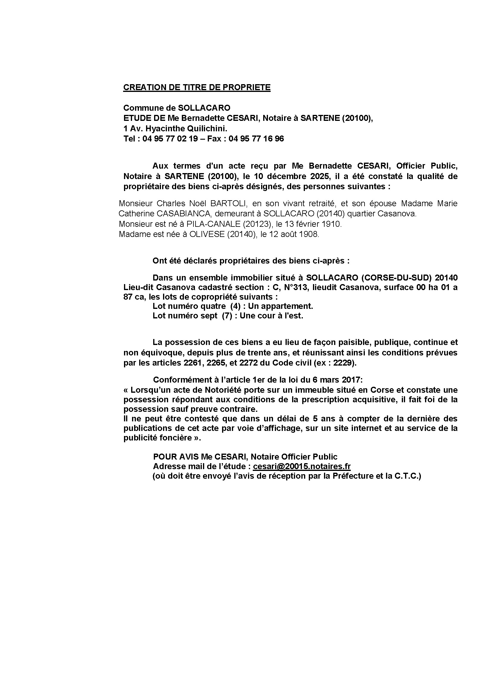 Avis de création de titre de propriété - Communes d'A Bastilicaccia et Bastelica (Pumonti)