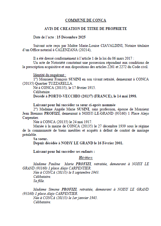 Avis de création de titre de propriété - Commune de Conca (Pumonti)