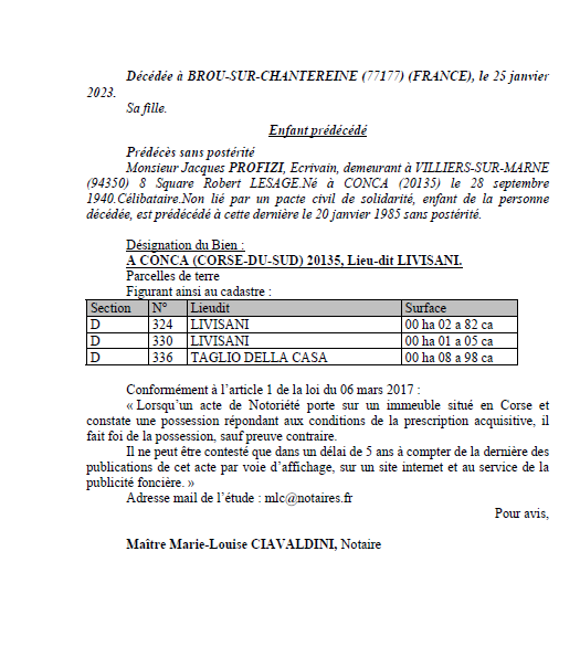 Avis de création de titre de propriété - Commune de Conca (Pumonti)