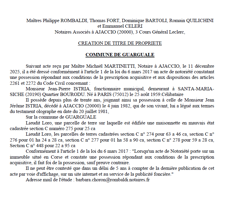 Avis de création de titre de propriété - Commune de Vargualè (Pumonti)