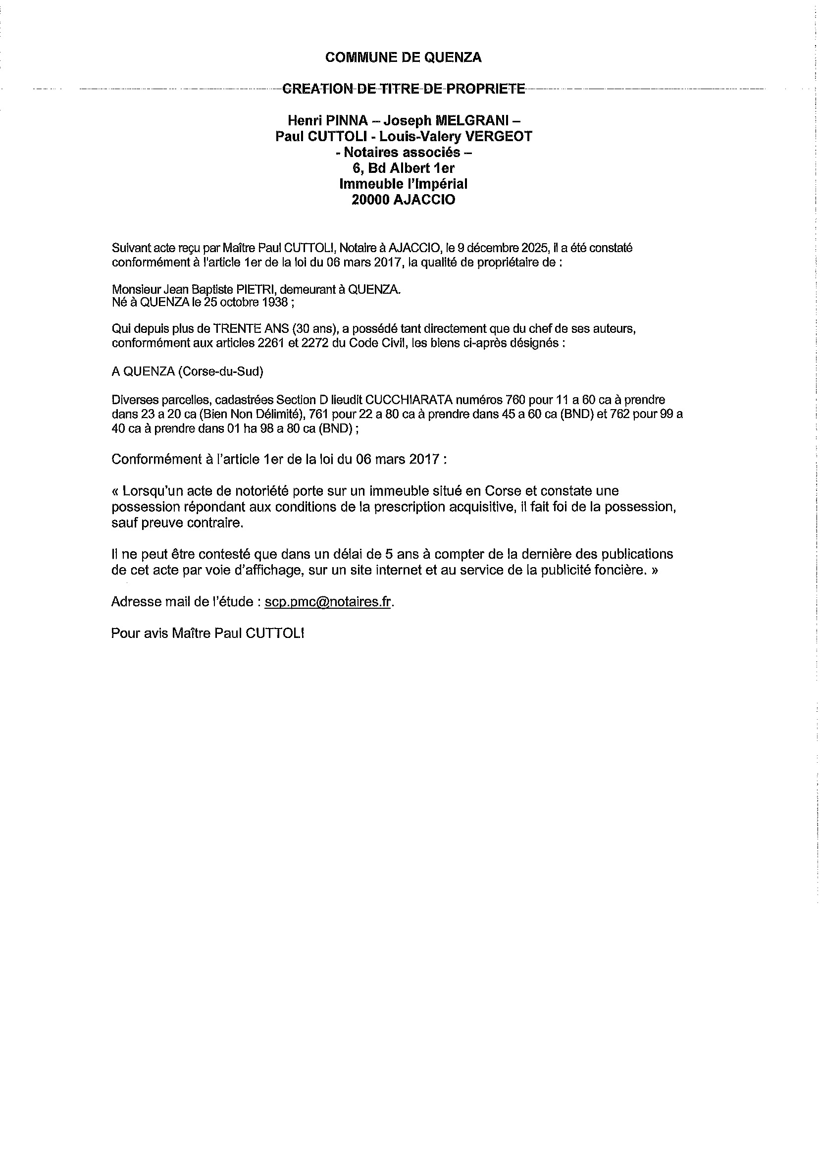 Avis de création de titre de propriété - Commune de Quenza (Pumonti)