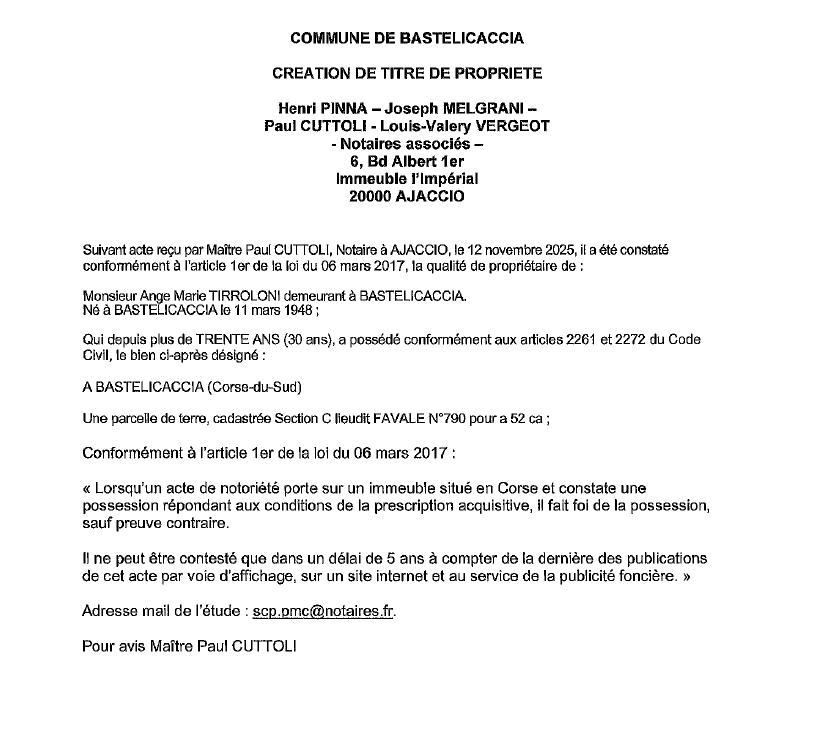 Avis de création de titre de propriété - Commune d'A Bastilicaccia (Pumonti)