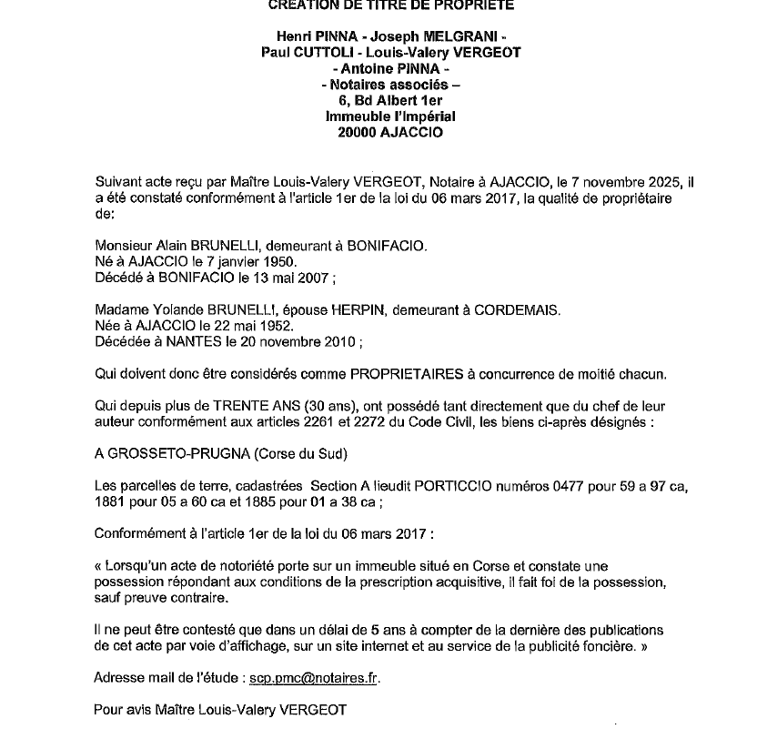 Avis de création de titre de propriété - Commune de Grussettu è Prugna (Pumonti)