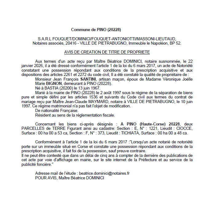 Avis de création de titre de propriété - Commune de Pinu (Cismonte)