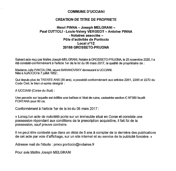 Avis de création de titre de propriété - Commune d'Aucciani (Pumonti)