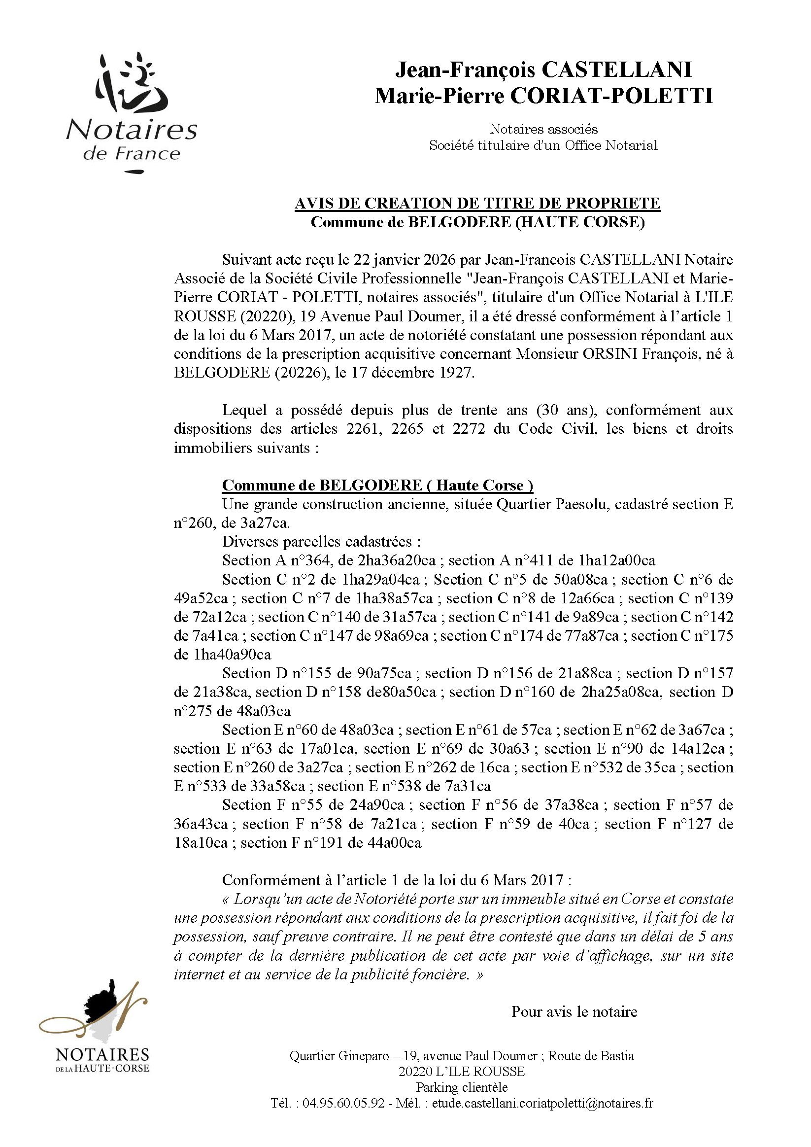 Avis de création de titre de propriété - Commune de Belgudè (Cismonte)
