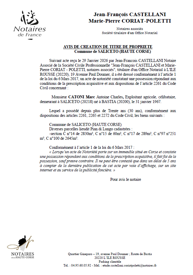 Avis de création de titre de propriété - Commune d'U Salgetu (Cismonte)