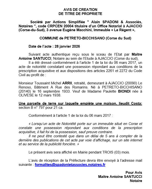 Avis de création de titre de propriété - Commune de Pitretu è Bicchisgià (Pumonti)