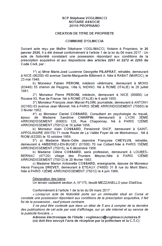 Avis de création de titre de propriété - Commune d'Ulmiccia (Pumonti)