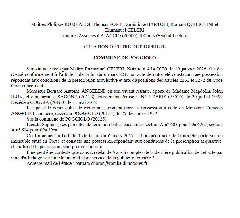Avis de création de titre de propriété - Commune d'U Pighjolu (Pumonti)