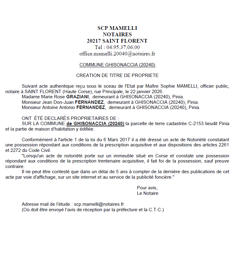 Avis de création de titre de propriété - Commune d'A Ghisunaccia (Cismonte)
