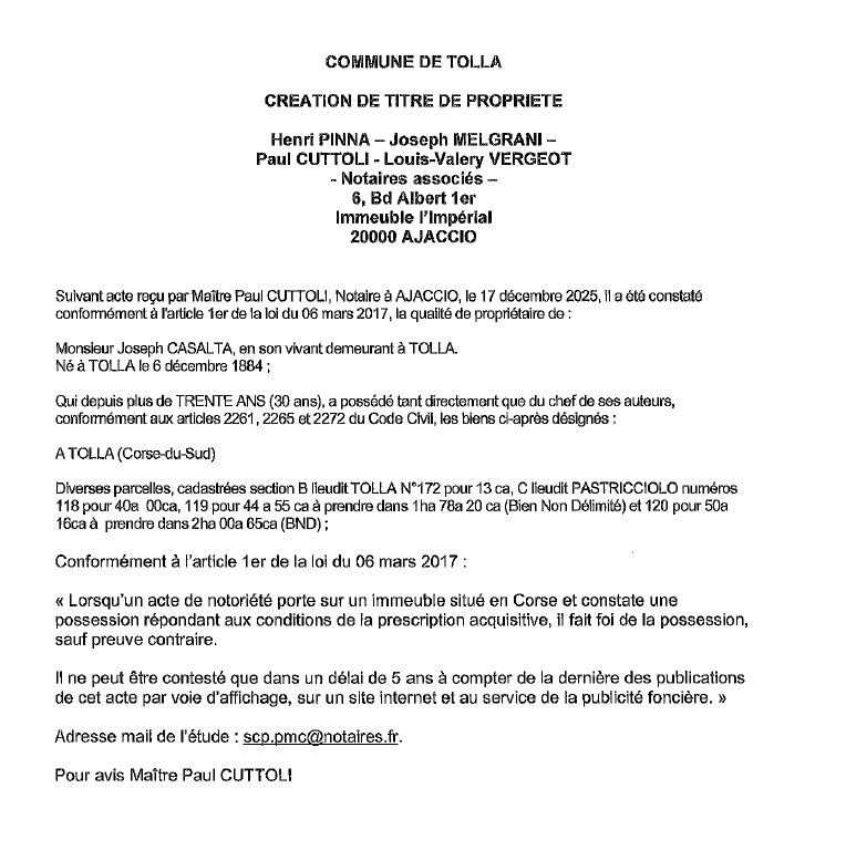 Avis de création de titre de propriété - Commune de Todda (Pumonti)