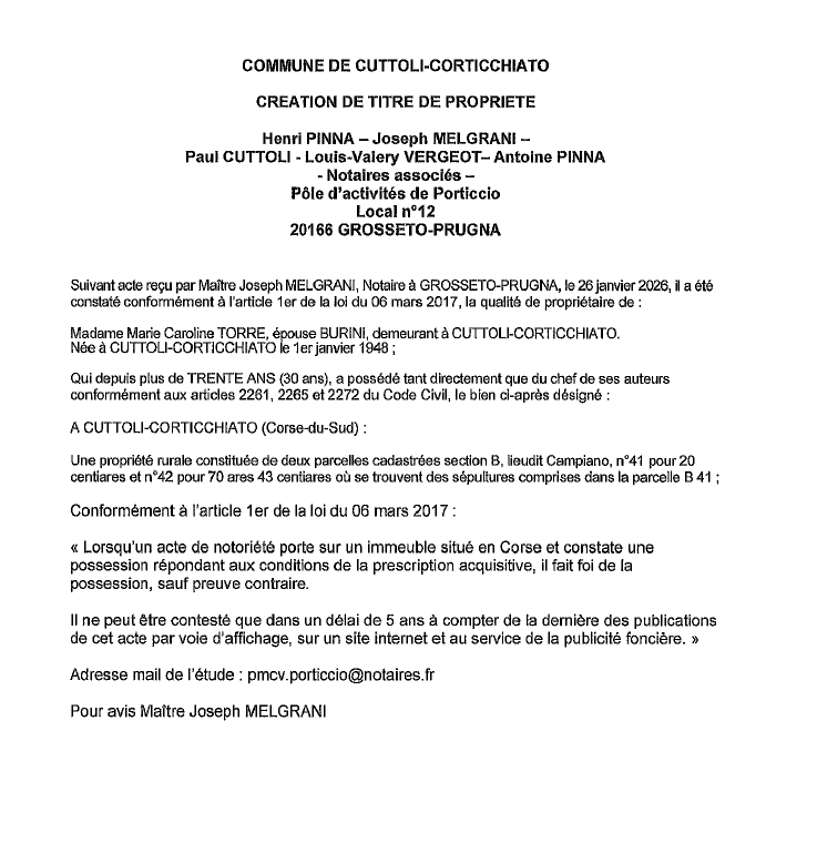 Avis de création de titre de propriété - Commune de Cutuli è Curtichjatu (Pumonti)
