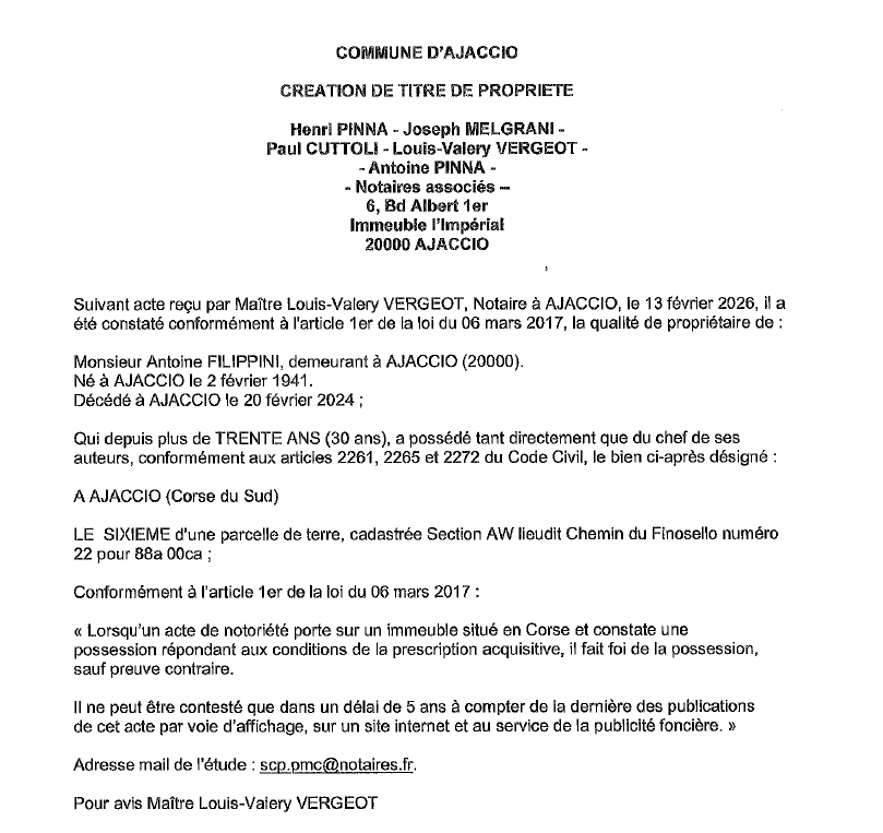 Avis de création de titre de propriété - Commune d'Aiacciu (Pumonti)