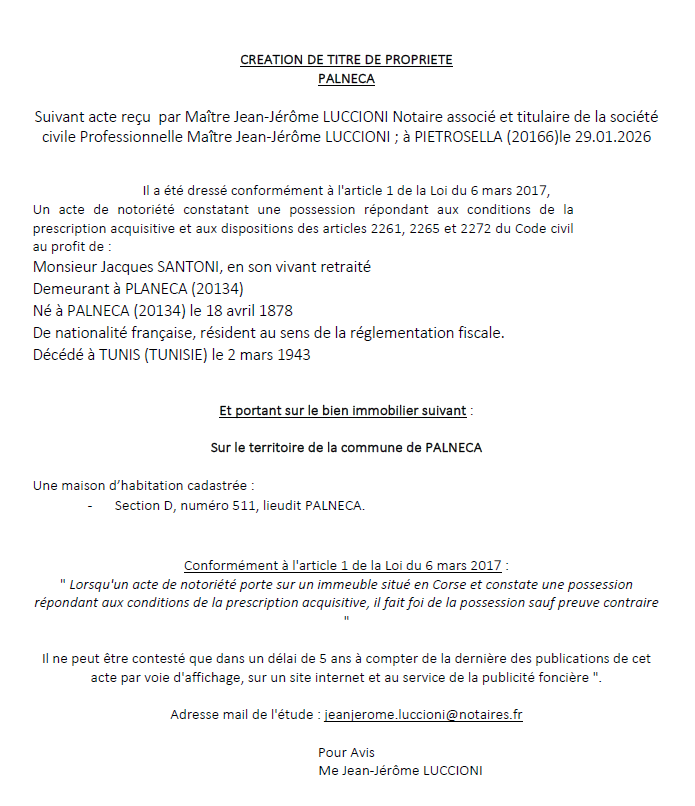 Avis de création de titre de propriété - Commune de Palleca (Pumonti)