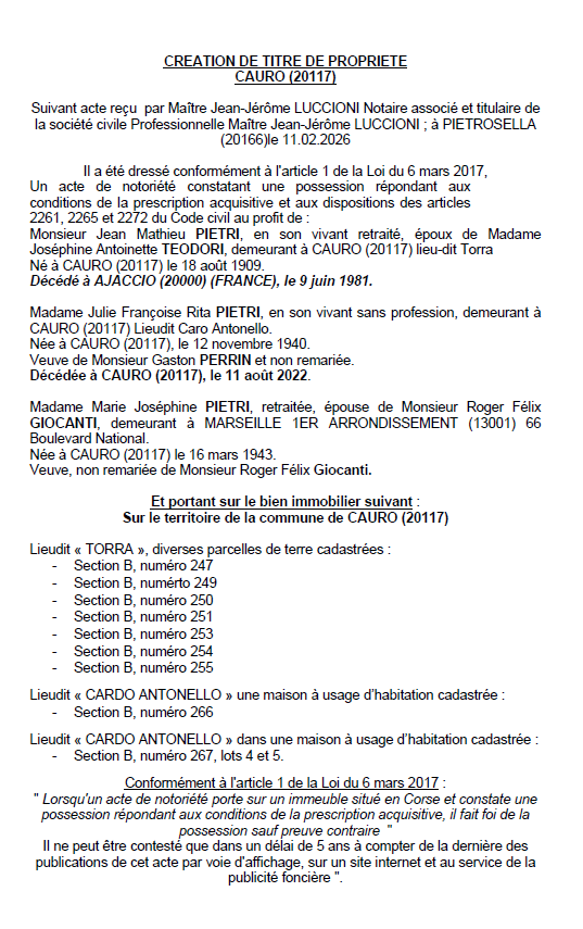 Avis de création de titre de propriété - Commune de Cavru (Pumonti)