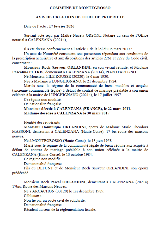Avis de création de titre de propriété - Commune de Montegrossu (Cismonte)