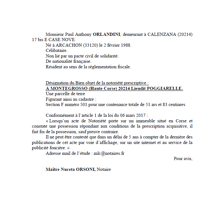 Avis de création de titre de propriété - Commune de Montegrossu (Cismonte)