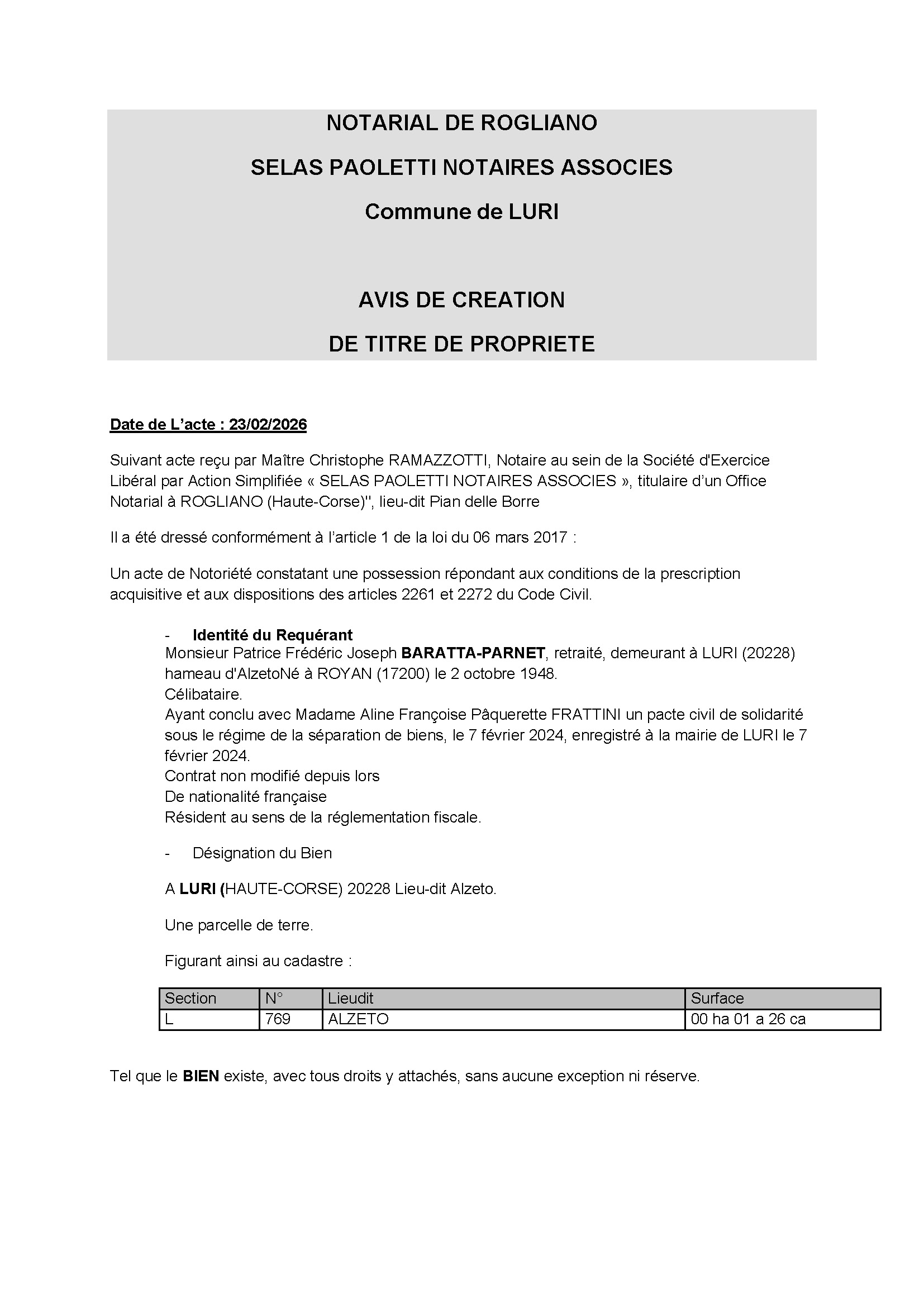 Avis de création de titre de propriété - Commune de Luri (Cismonte)