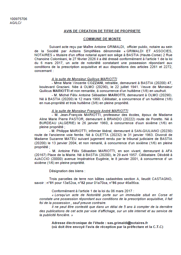 Avis de création de titre de propriété - Commune d'U Monte (Cismonte)