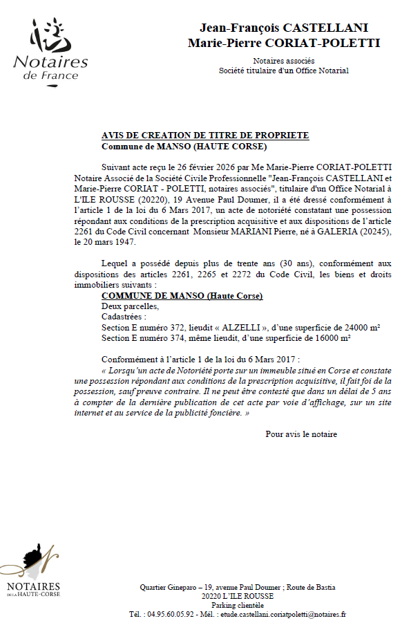 Avis de création de titre de propriété - Commune d'U Mansu (Cismonte)