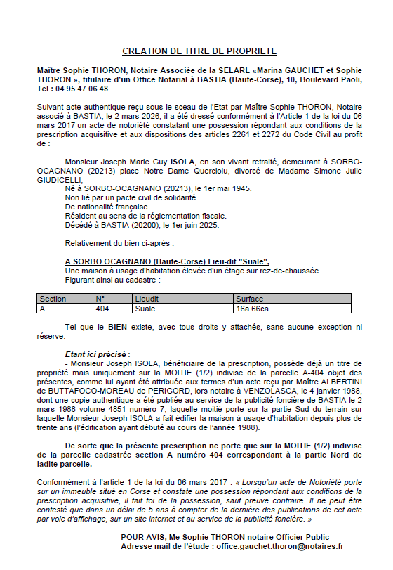 Avis de création de titre de propriété - Commune de Sorbu è Ocagnanu (Cismonte)
