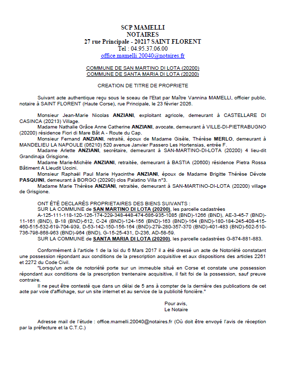 Avis de création de titre de propriété - Communes de San Martinu di Lota et Santa Maria di Lota (Cismonte)