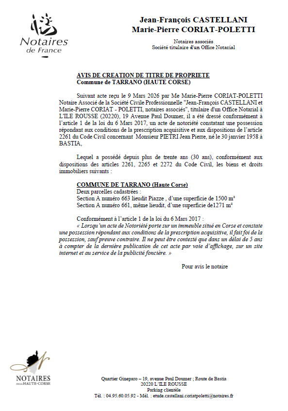 Avis de création de titre de propriété - Commune de Tarranu (Cismonte)