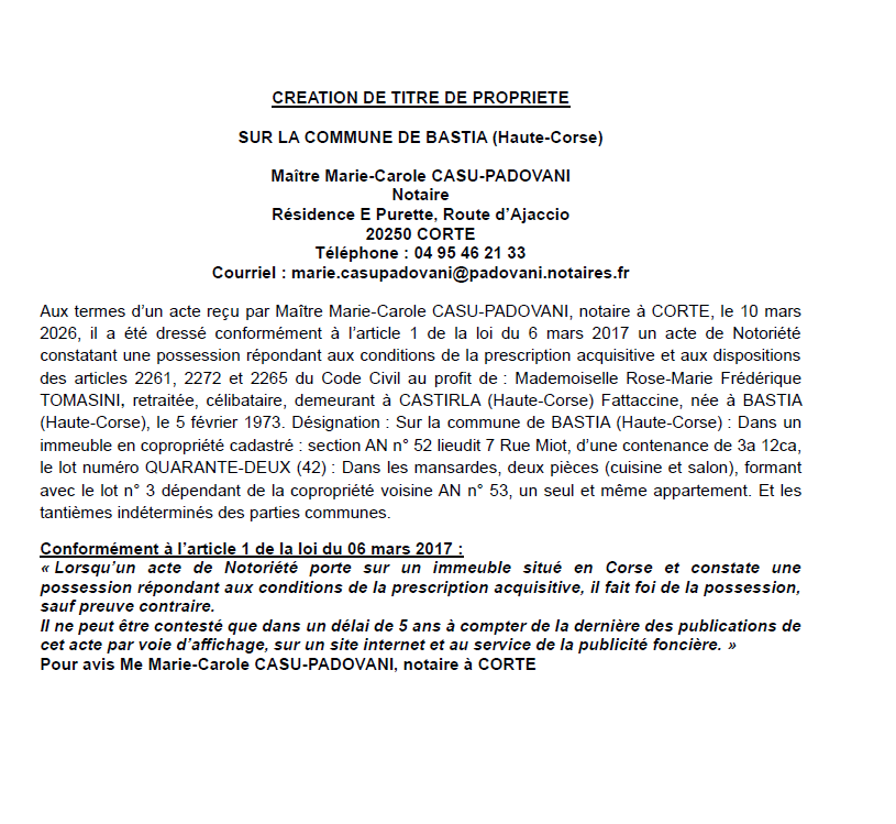 Avis de création de titre de propriété - Commune de Bastia (Cismonte)