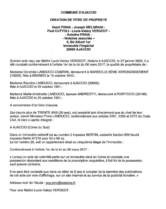 Avis de création de titre de propriété - Commune d'Aiacciu (Pumonti)