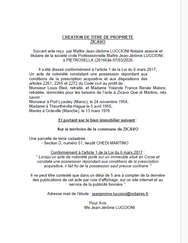 Avis de création de titre de propriété - Commune de Zicavu (Pumonti)