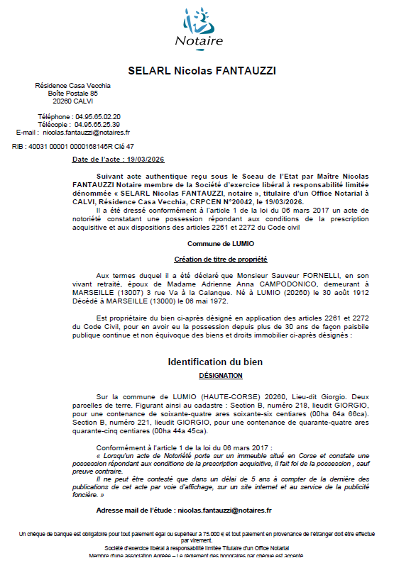 Avis de création de titre de propriété - Commune de Lumiu (Cismonte)
