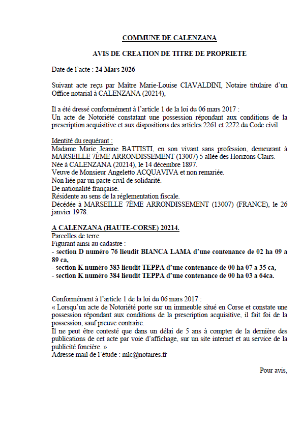 Avis de création de titre de propriété - Commune de Calinzana (Cismonte)