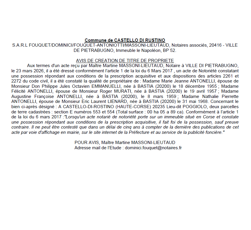 Avis de création de titre de propriété - Commune de Castellu di Rustinu (Cismonte)