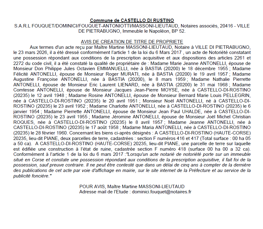 Avis de création de titre de propriété - Commune de Castellu di Rustinu (Cismonte)