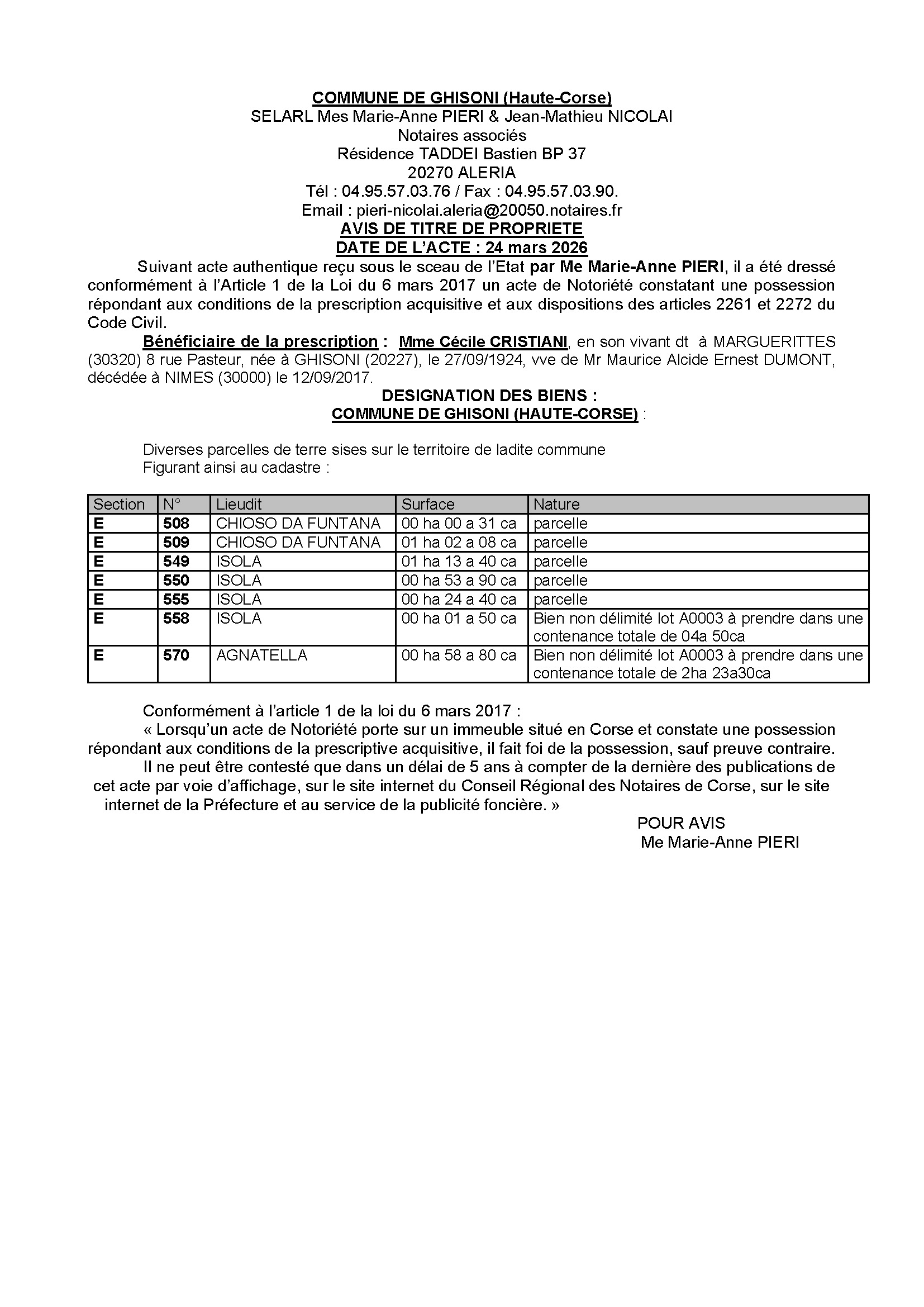 Avis de création de titre de propriété - Commune de Ghisoni (Cismonte)
