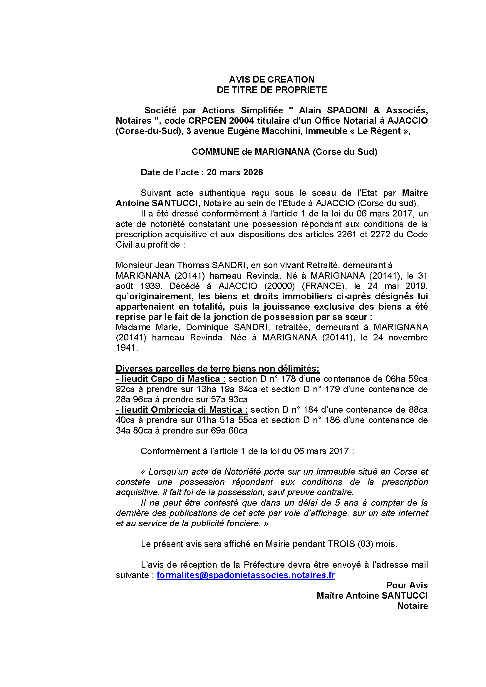 Avis de création de titre de propriété - Commune de Marignana (Pumonti)