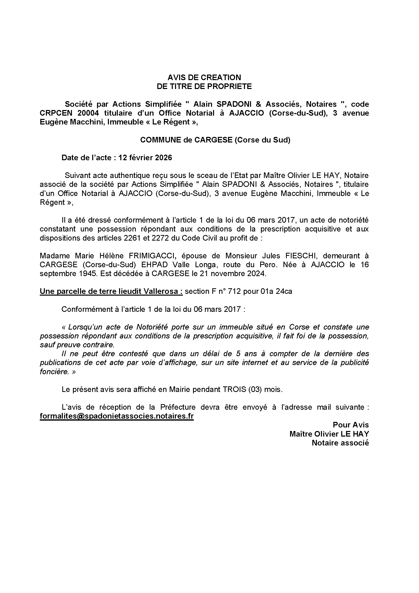 Avis de création de titre de propriété - Commune de Carghjese (Pumonti)