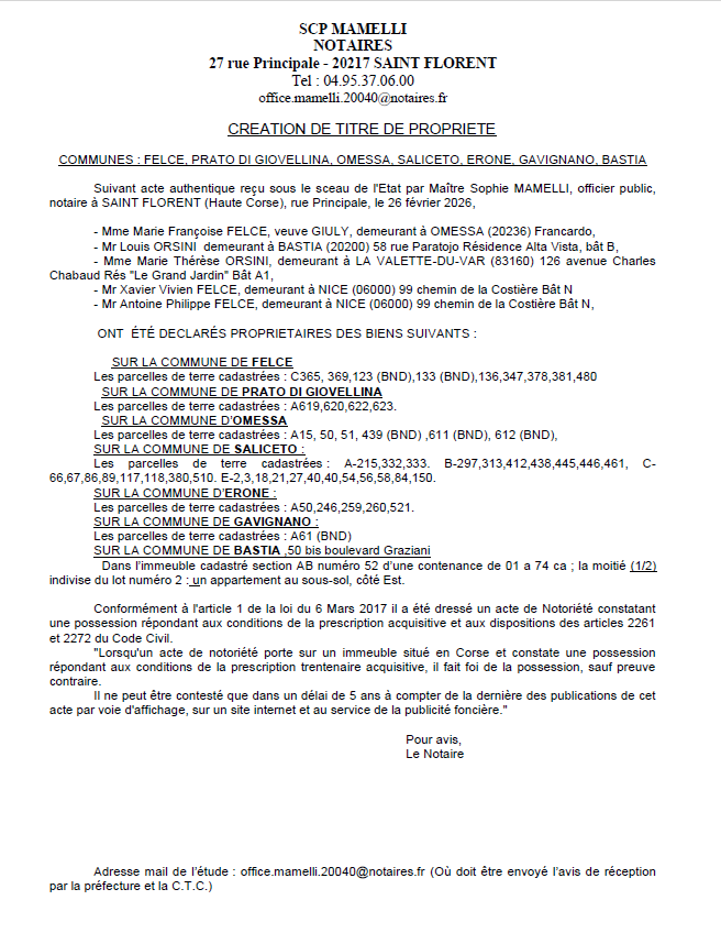 Avis de création de titre de propriété - Communes de Felge,U Pratu di Ghjuvellina, Omessa, U Salgetu, Erone, Gavignanu, Bastia (Cismonte)