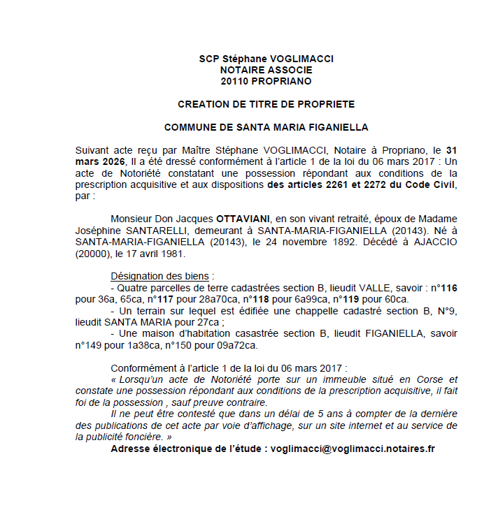 Avis de création de titre de propriété - Commune de Santa Maria Ficaniedda (Pumonti)