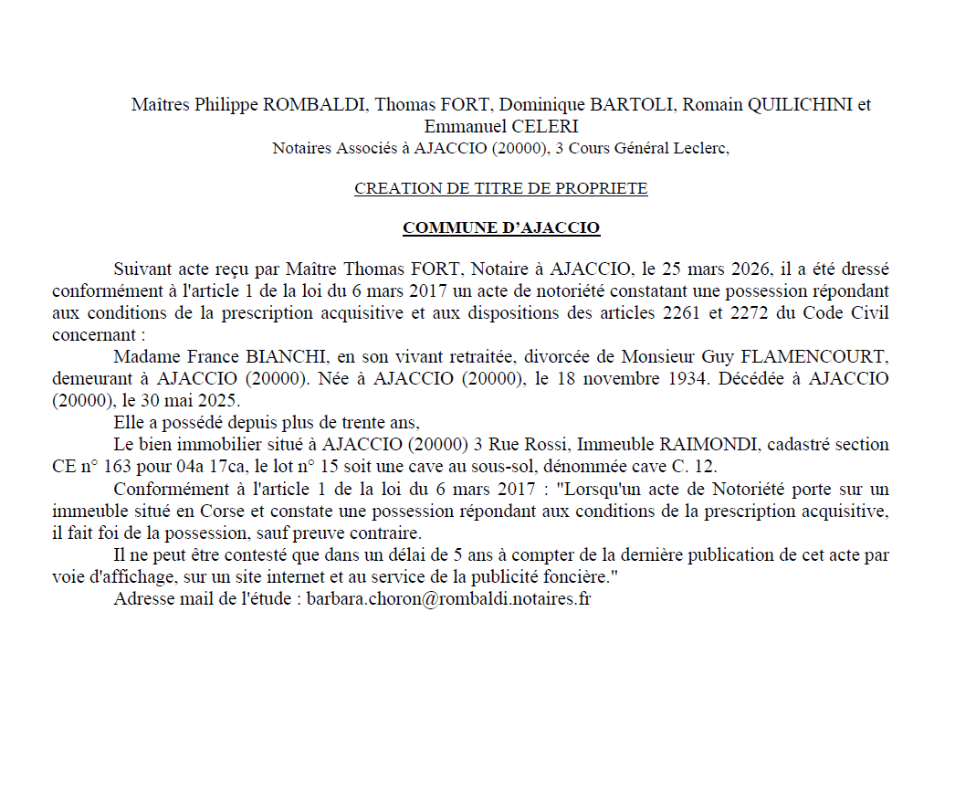 Avis de création de titre de propriété - Commune d'Aiacciu (Pumonti)