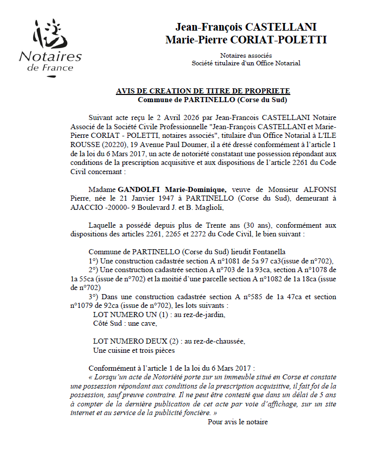 Avis de création de titre de propriété - Commune de Partinellu (Pumonti)