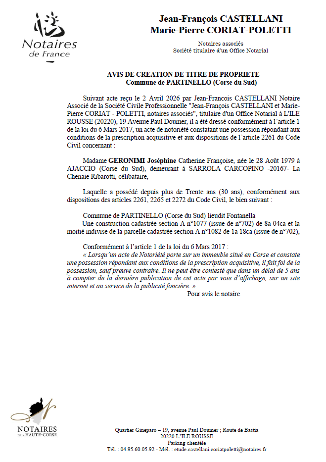 Avis de création de titre de propriété - Commune de Partinellu (Pumonti)