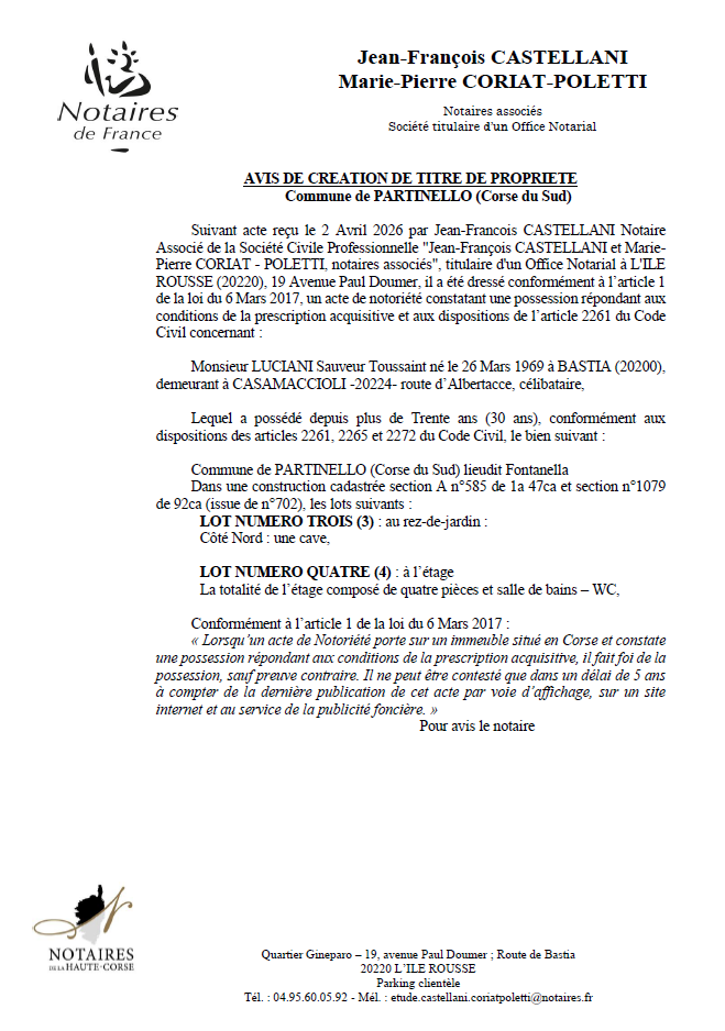 Avis de création de titre de propriété - Commune de Partinellu (Pumonti)