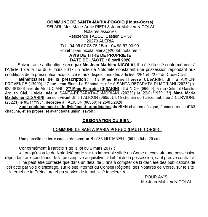 Avis de création de titre de propriété - Commune de Santa Maria Poghju (Cismonte)