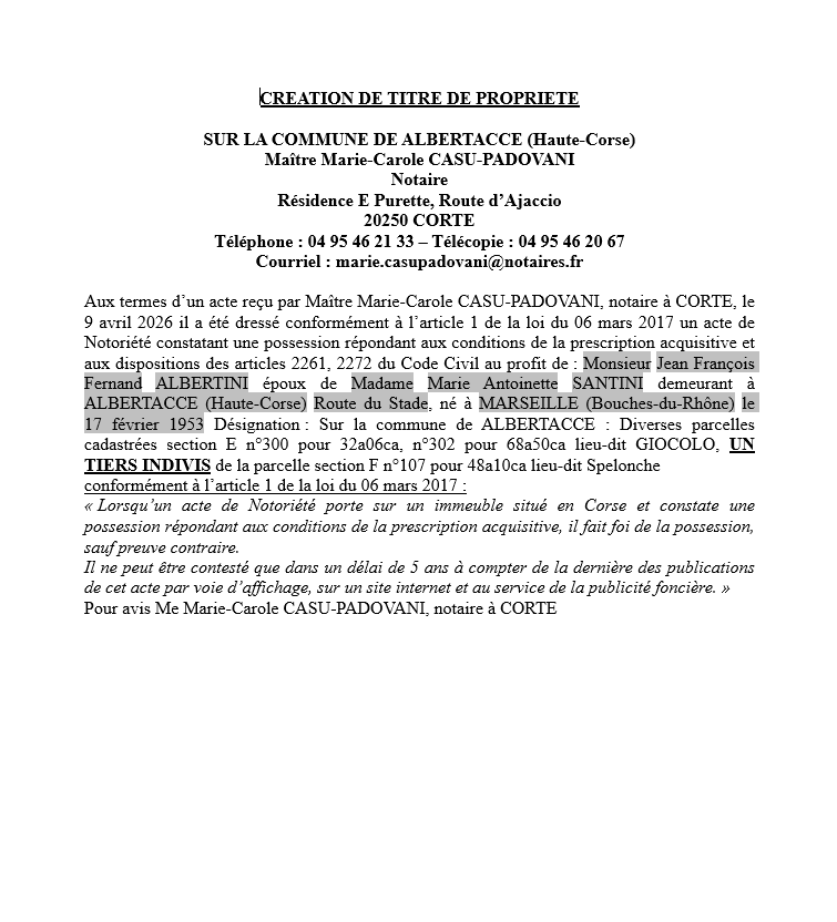 Avis de création de titre de propriété - Commune d'Albertacce (Cismonte)