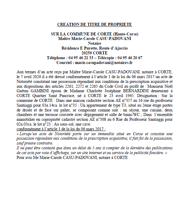 Avis de création de titre de propriété - Commune de Corti (Cismonte)