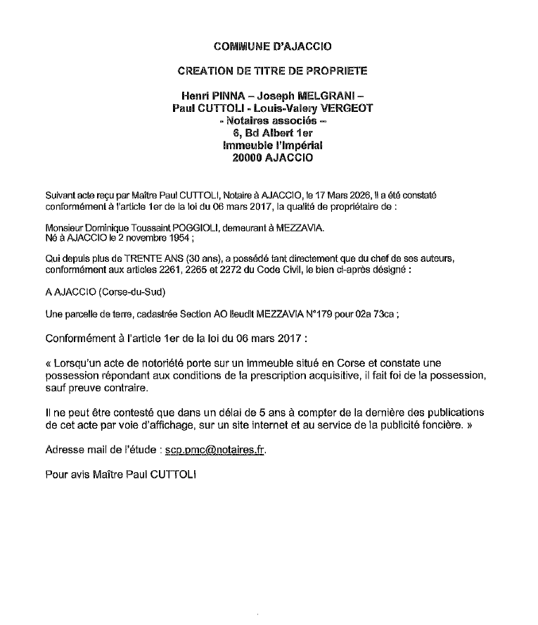 Avis de création de titre de propriété - Commune d'Aiacciu (Pumonti)