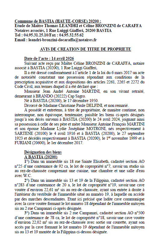 Avis de création de titre de propriété - Commune de Bastia (Cismonte)